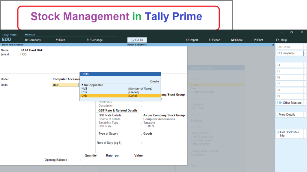 Stock Items creation in Tally Prime