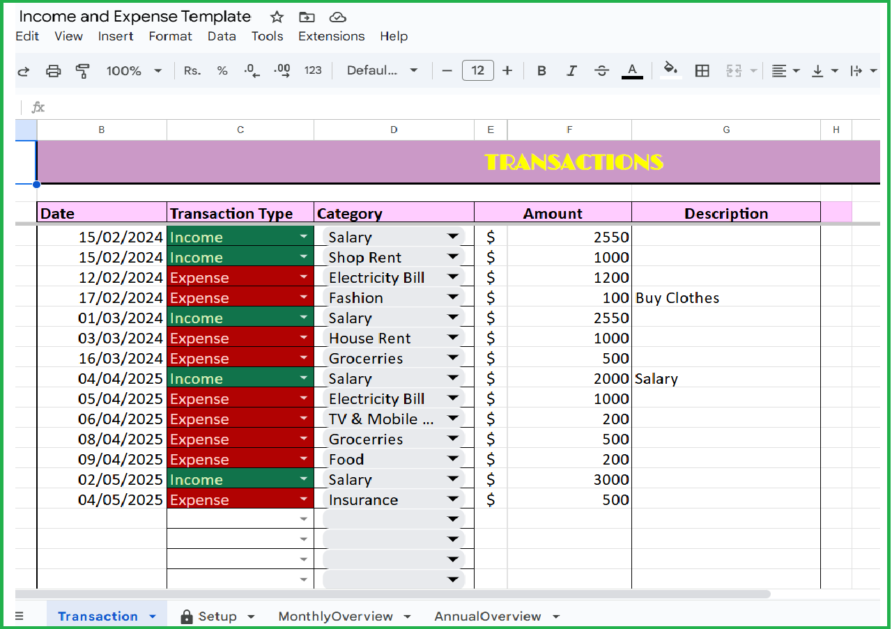 Transaction Tab