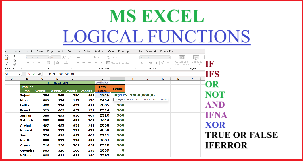 Logical functions in excel
